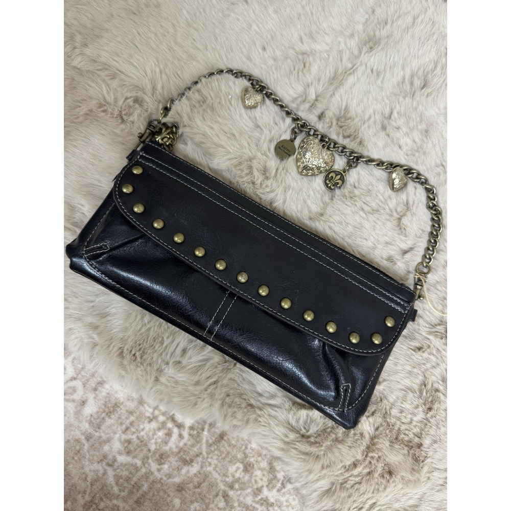 Kathy Van Zeeland Clutch Black Studded Chain Charms Trinket Metal Strap Moto